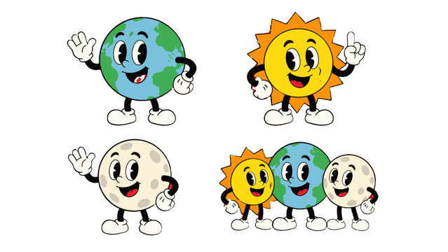 Cartoon Earth, sun and moon mascot characters set