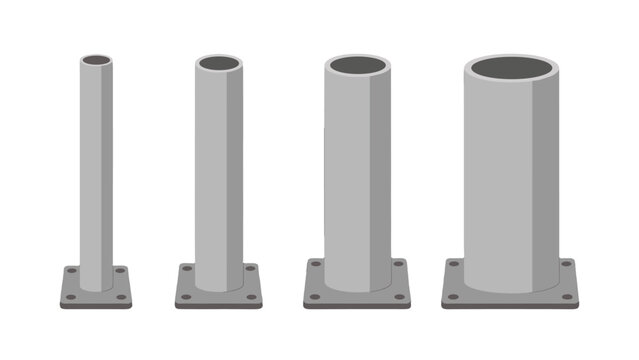 Set of gray metal pipe columns with square base plates