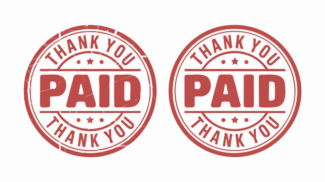 Red circular stamps featuring the word paid and thank you text for business financial documentation and accounting office paperwork usage