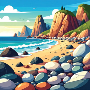 Colorful rocks on sandy beach shore.