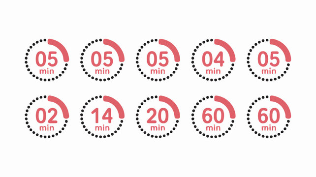 Set of circular timer clock icons showing various minute durations in a clean flat vector graphic style for web interface