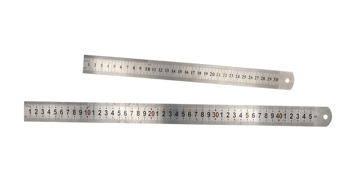 Two stainless steel rulers with metric markings on Transparent background, top 30 cm and bottom 40 cm, isolated product shot for measurement and DRY themes.