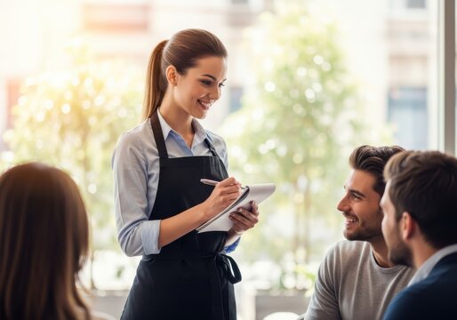Smiling Young Female Waitress in Black Apron Taking Order from Customers in a Bright Modern Cafe