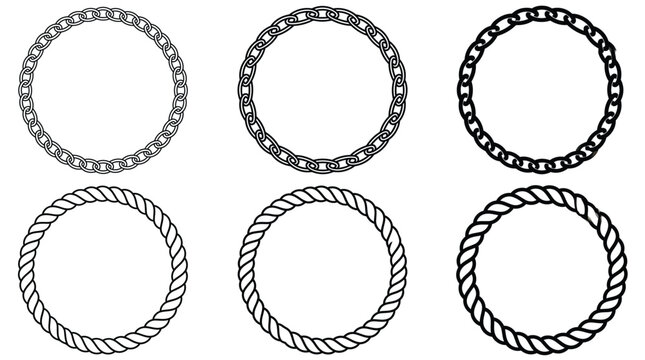 Six circular frames featuring black and white chains and ropes on a clean white background