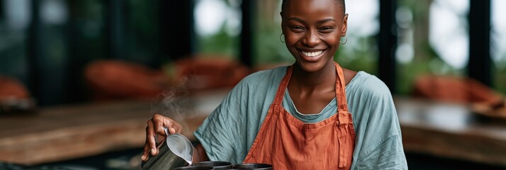 Fototapeta premium Woman pouring hot drink with apron at cafe counter