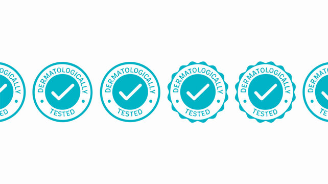 Set of dermatologically tested round circular seals with a checkmark symbol representing safety and quality for cosmetic skin care products