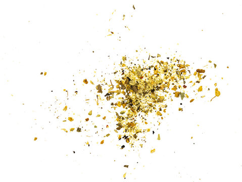 Scattered dried spice and herb flakes isolated on Transparent background, top view with copy space, culinary seasoning texture for cooking concept.