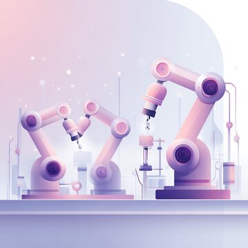 Pastel gradient illustration of industrial robotic arms and grippers on an automated assembly line