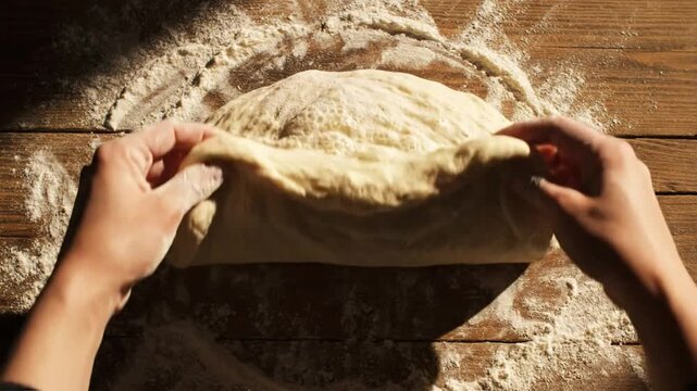 Baker hands kneading fresh bread dough on wooden table.