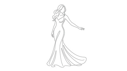Fototapeta premium Elegant woman wearing a flowing evening gown captured in a minimalist black and white line drawing