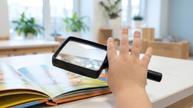 Child hand holding up round magnifier lens over colorful picture book for low vision and visual impairment reading therapy in Scandinavian classroom