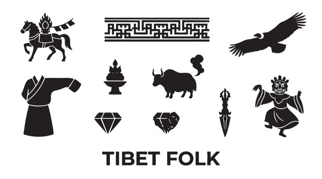 Tibetan folk art symbols including horse, dharma wheel, eagle, yak, and traditional clothing.