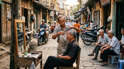 Obraz premium Traditional Barbershop Experience on a Bustling Street in a Vietnamese Neighborhood During Sunset
