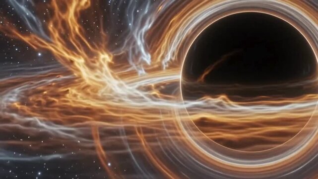 Illustration of a black hole surrounded by swirling cosmic gas and light