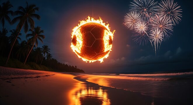 A flaming soccer ball floating above a tropical beach at night with fireworks in the sky
