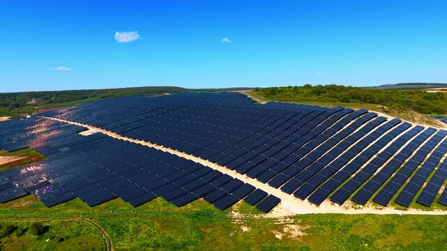 Solar farm covering green hillside framed by woodland. Overhead perspective of fanned panel ranks across a grassy rise edged with trees and scrub.