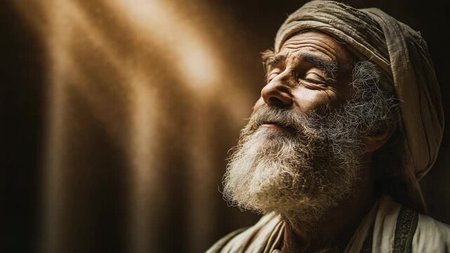 Senior old Israeli man praying to God with closed eyes and face lifted toward glory light, spiritual biblical portrait with faith and hope.