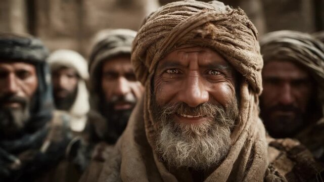 Close up faces of ancient Israeli men smiling at camera, historical biblical portrait with traditional robes and warm cultural atmosphere.