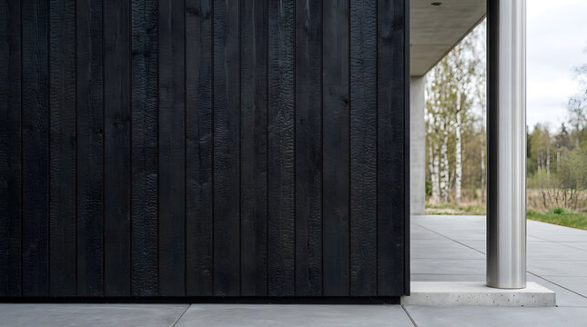 Charred black wood cladding on a modern house facade with concrete flooring and a steel column.