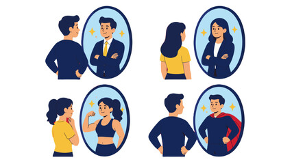 Fototapeta premium People seeing confident reflections in mirrors vector illustration