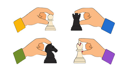 Hands holding different chess pieces in flat vector style © Mark