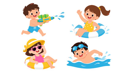 Cartoon children swimming and playing with water in summer