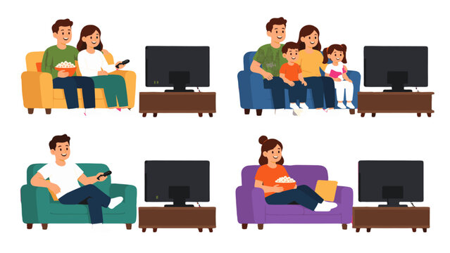 People and family watching television on sofas at home