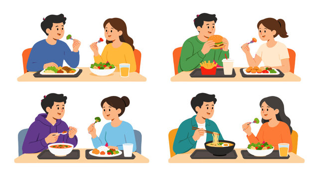 People eating meals together at cafeteria tables in flat style