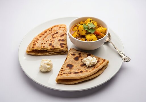 Aloo paratha with aloo sabzi and white butter, a popular indian breakfast dish served on a white plate, isolated on white background