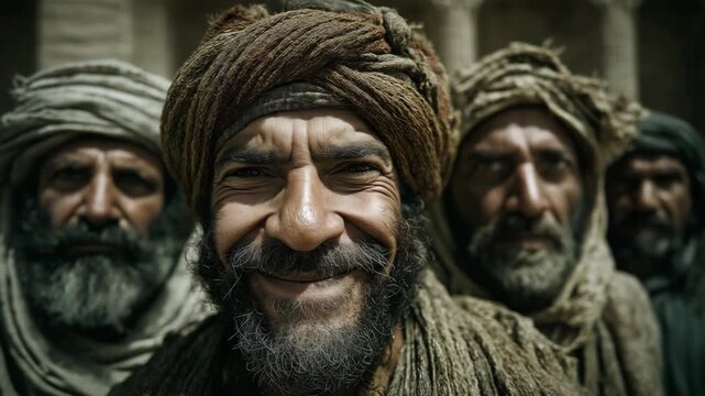 Close up faces of ancient Israeli men smiling at camera, historical biblical portrait with traditional robes and warm cultural atmosphere.