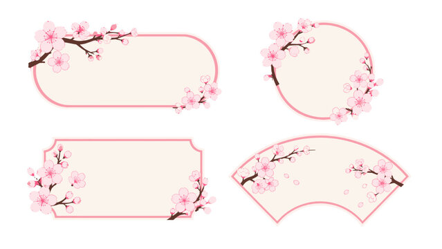 Cherry blossom floral frame set with pink branch borders