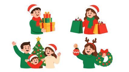 Fototapeta premium Cartoon Christmas characters with gifts shopping bags and wreath