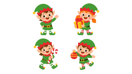 Fototapeta premium Cute Christmas elf character set with gift candy cane and ornament