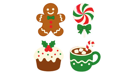 Naklejka premium Christmas sweets set with gingerbread, candy, cupcake and mug