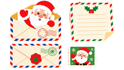 Fototapeta premium Christmas envelope set with Santa letter card and postage stamp