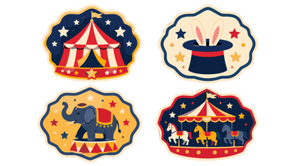Vintage circus badge set with tent, magic hat, elephant and carousel © Mark