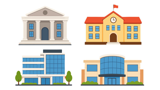 Set of civic and commercial building facades in flat vector style