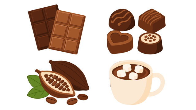 Chocolate bars, pralines, cocoa pod and hot cocoa vector set