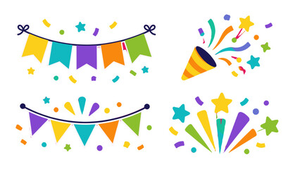 Fototapeta premium Colorful party decoration set with bunting confetti and stars