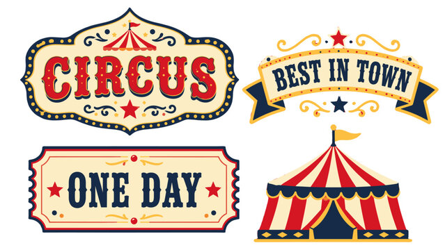 Vintage circus banner and tent vector set on white background