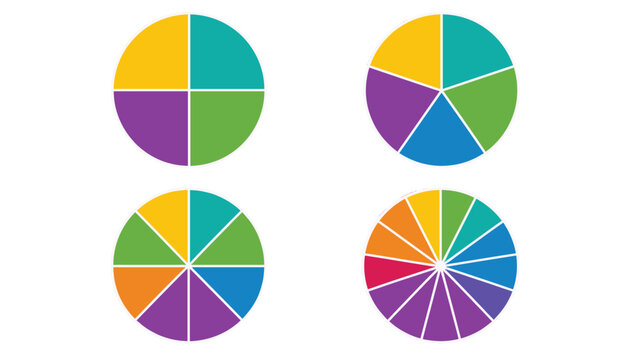 Set of multicolored segmented circle charts on white background