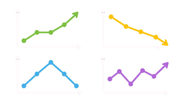 Colorful line graphs showing growth decline peak and fluctuation
