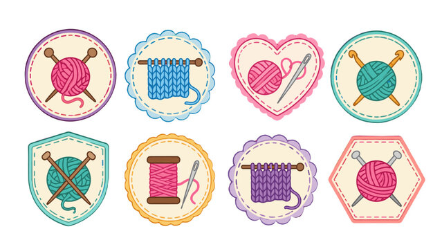 Colorful knitting and crochet badge set with yarn and needles
