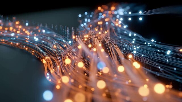 Fiber Optic Cable Technology Glowing Data Connection, Abstract Network Flow, Orange Blue Light