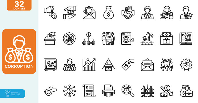 Corruption Vector illustration line editable icon set. line editable icon set. Containing Corruption, bribe, crime, money laundering, and more. on white background.