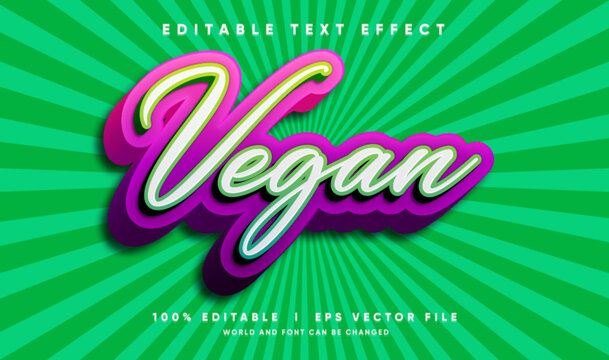 Editable vegan 3d text effect template with elegant pink and white cursive script font on green sunburst pop art background