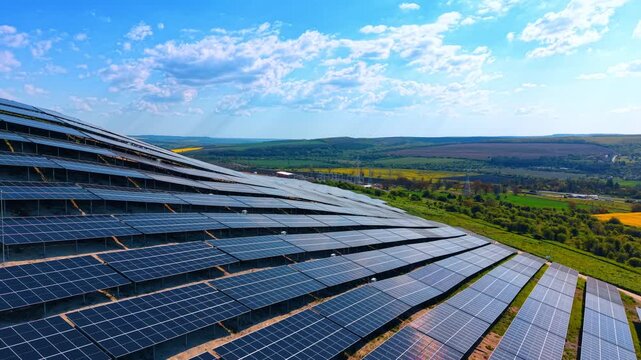 Solar panels on hillside slope beneath drifting white clouds. Low aerial across stepped module rows tumbling downhill toward a wide valley and farm fields.