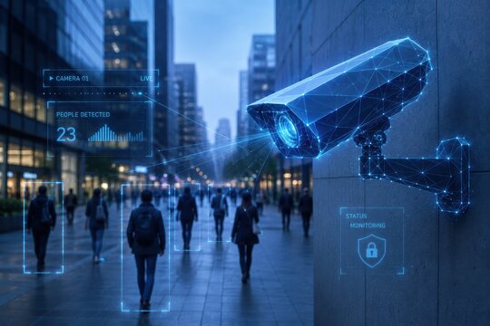 Surveillance Camera in Urban Environment: A high-tech security camera with digital overlay analyzes pedestrians in a bustling city street, highlighting modern urban monitoring systems and technology.