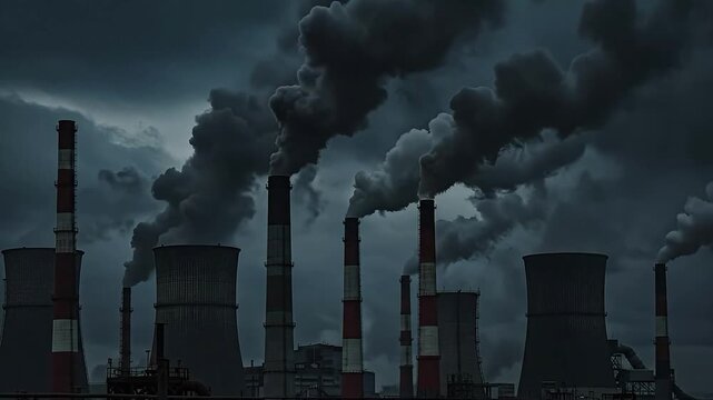 Industrial chimneys emitting smoke against a dark, dramatic sky.