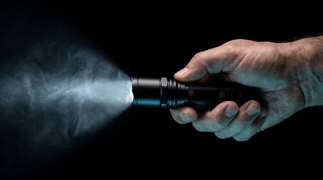 Vivid light beam from a black hand-held flashlight cutting through atmospheric smoke and shadow in a dark scene